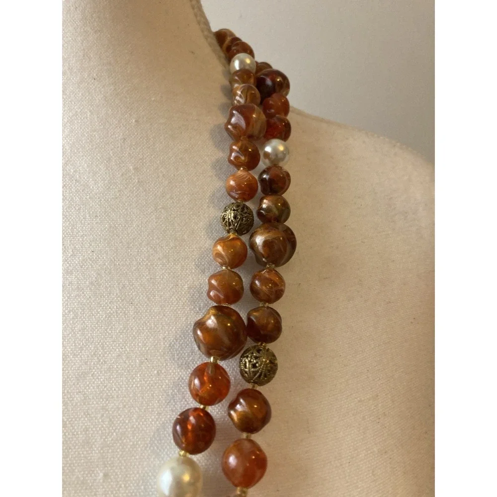 Vintage Double Strand Necklace‎ In Earthy Brown Nugget Bead Faux Pearl Gold Tone